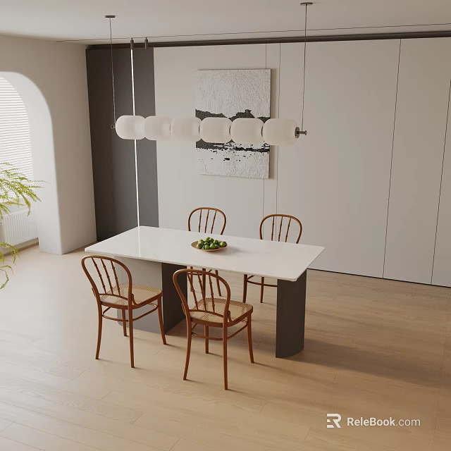 Modern Dining Table Set With White Rectangular Table Four Wooden Chairs And Pendant Lights 3d model
