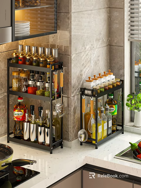 Spice Bottles Organized On Kitchen Storage Racks 3d model 