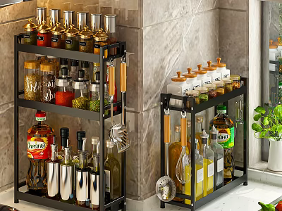 Spice Bottles Organized On Kitchen Storage Racks 3d model