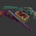 Vintage Revolvers With Red And Yellow Box And Ammunition Bullets
