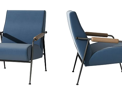 Blue Modern Single Sofa With Wooden Armrests And Metal Legs Design 3d model