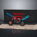 Red Motorcycle Display With Brick Wall Background Street Blaze Graffiti And Sandy Mat