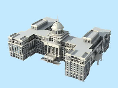 European Style Architectural Building with Domed Roof Symmetrical Design Classical Columns and Multiple Windows 3d model