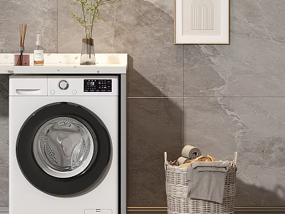 White Front Load Washing Machine With Wicker Basket Towels Near Marble Wall 3d model