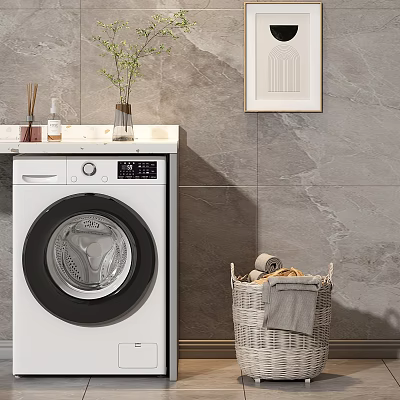 White Front Load Washing Machine With Wicker Basket Towels Near Marble Wall 3d model