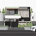 Modern Detached Villa Exterior With Stone Wall Large Glass Windows And Rooftop Greenery 3d model