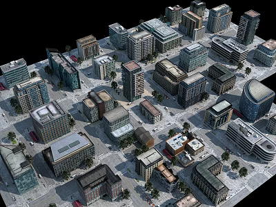 Aerial View Of Diverse Urban Building Complex Featuring Residential Commercial Structures And Green Areas 3d model