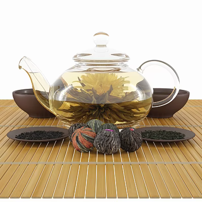 Elegant Tea Set with Transparent Glass Teapot Yellow Chrysanthemum and Bamboo Mat 3d model