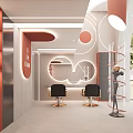 Modern Upscale Beauty Hair Salon Interior Design With Chic Circular Lighting Decor And Comfortable Hairdressing Chairs
