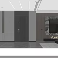 Modern Living Dining Room Interior With Wooden Wall TV Fireplace And Gray Tile Floor