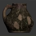 Ancient Ceramic Jar With Textured Surface Purple Brown Green Patterns And Handle