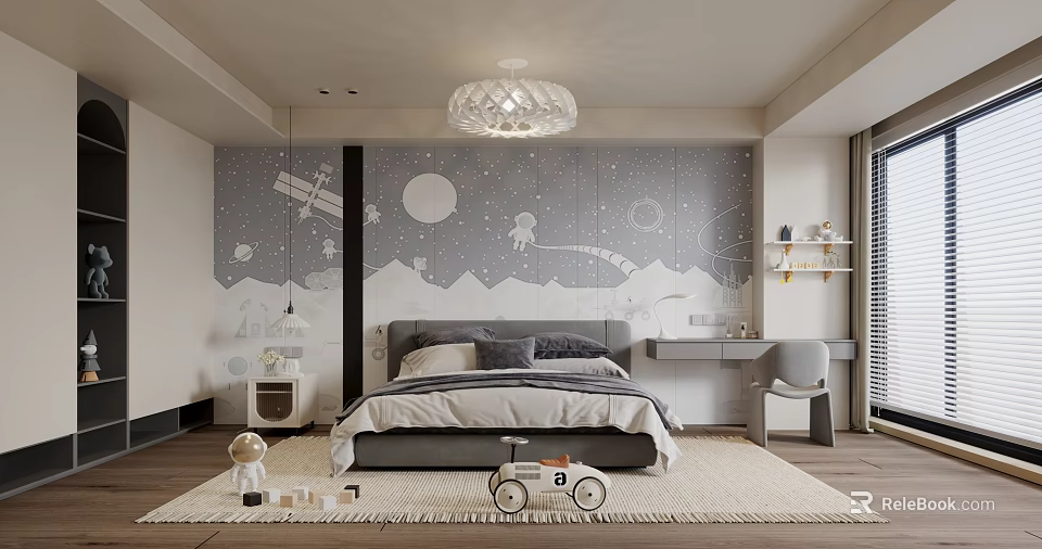 Kids Room Interior With Starry Sky Wall Mural Astronaut Chandelier Bed Toy Car And Rug 3d model 