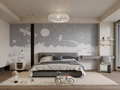 Kids Room Interior With Starry Sky Wall Mural Astronaut Chandelier Bed Toy Car And Rug 3d model
