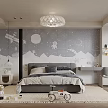Kids Room Interior With Starry Sky Wall Mural Astronaut Chandelier Bed Toy Car And Rug