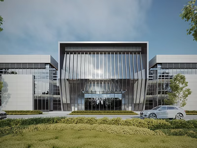 Modern Sales Office Building With Glass Curtain Wall Metal Structure Greenery And Parked Car 3d model