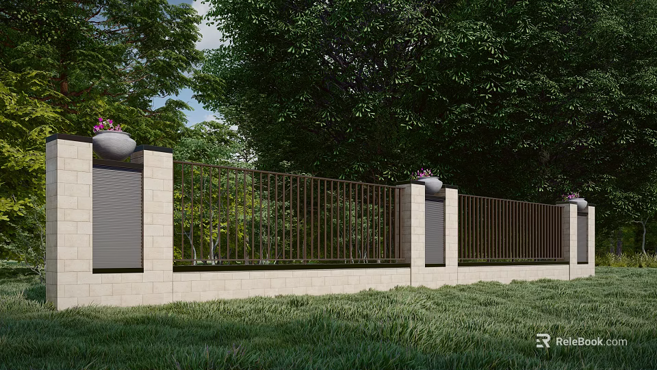Modern Garden Wall Design With Stone Panels Metal Railings And Green Trees Background 3d model 