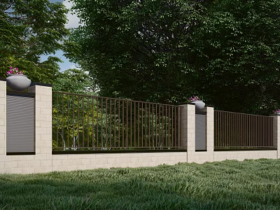 Modern Garden Wall Design With Stone Panels Metal Railings And Green Trees Background 3d model