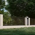 Modern Garden Wall Design With Stone Panels Metal Railings And Green Trees Background