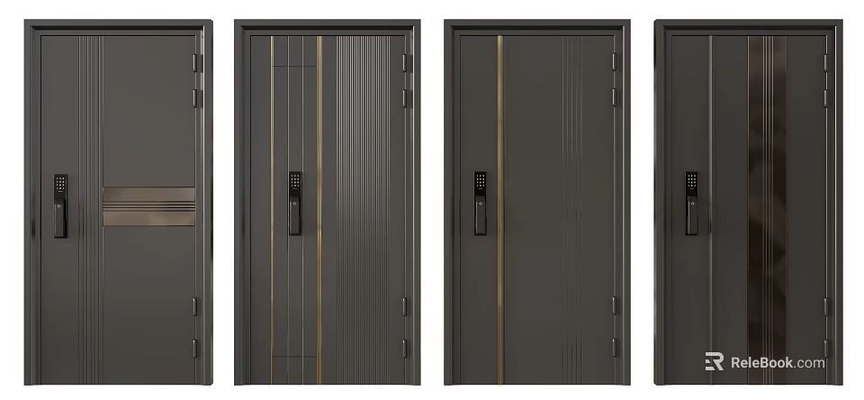 Modern Security Doors With Vertical Lines Matte Black Finish And Secure Lock System 3d model 