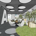 Spacious Lounge Area Interior With Pendant Lights Green Plants And Letter A Wall Art