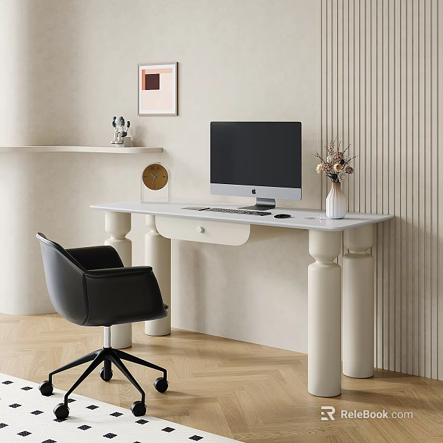 Modern Minimalist Desk with Computer Monitor Vase with Flowers Black Office Chair and Decorative Painting 3d model 