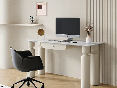Modern Minimalist Desk with Computer Monitor Vase with Flowers Black Office Chair and Decorative Painting 3d model