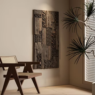 Quiet Style Wood Carving Wall Decoration Pendant Rattan Dining Chair Green Plant Potted Plant Square Wood Three-dimensional 3d model