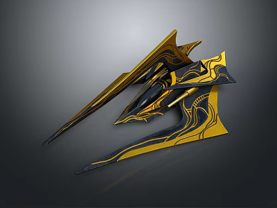 Futuristic Modern Sculpture Featuring Gold And Black Geometric Patterns With Sleek Lines 3d model