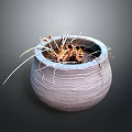 Wilted Dried Grass Plant in Textured Clay Pot on Neutral Gray Background