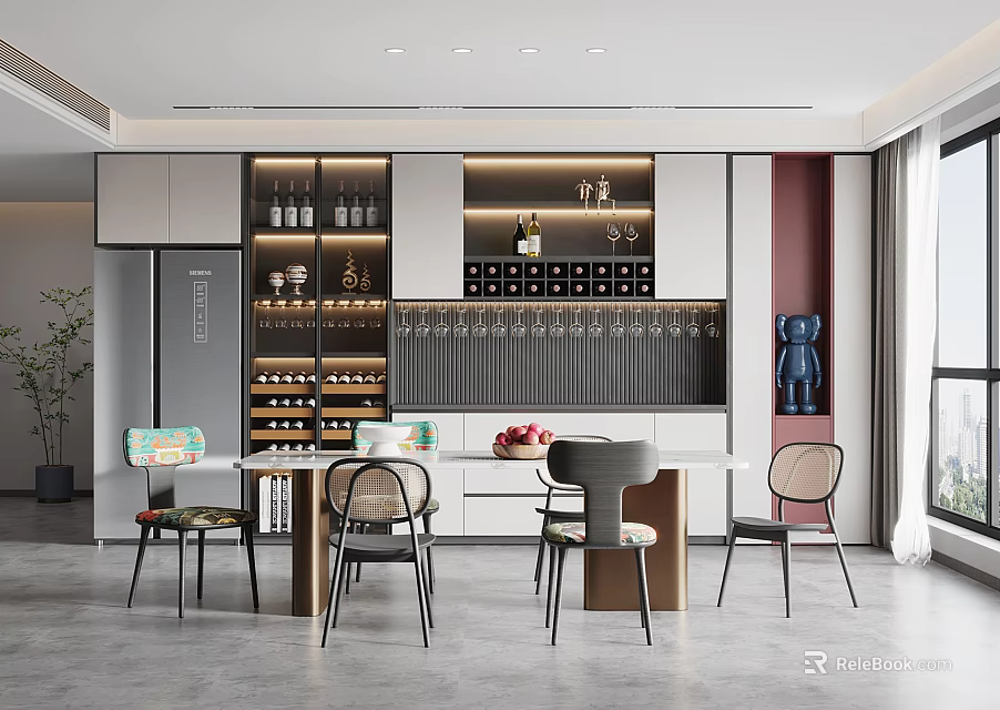Elegant Modern Restaurant Interior With Dining Table Chairs Wine Cabinet And Decor 3d model 