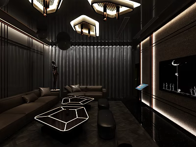 Modern KTV Interior Design With Cozy Sofa Seating Ambient Lighting And TV Screen 3d model