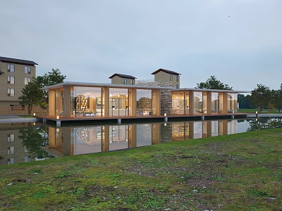 Modern Semi Detached Villa Exterior With Glass Curtain Walls Water Pond Green Lawn And Trees 3d model