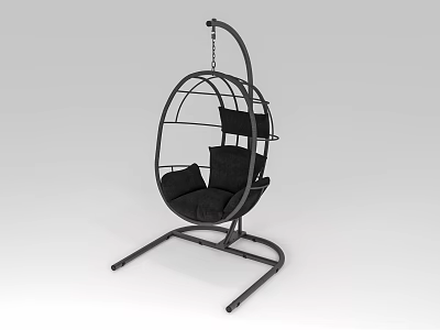 Modern Black Hanging Chair with Round Metal Frame Cushioned Seat and Floor Stand 3d model