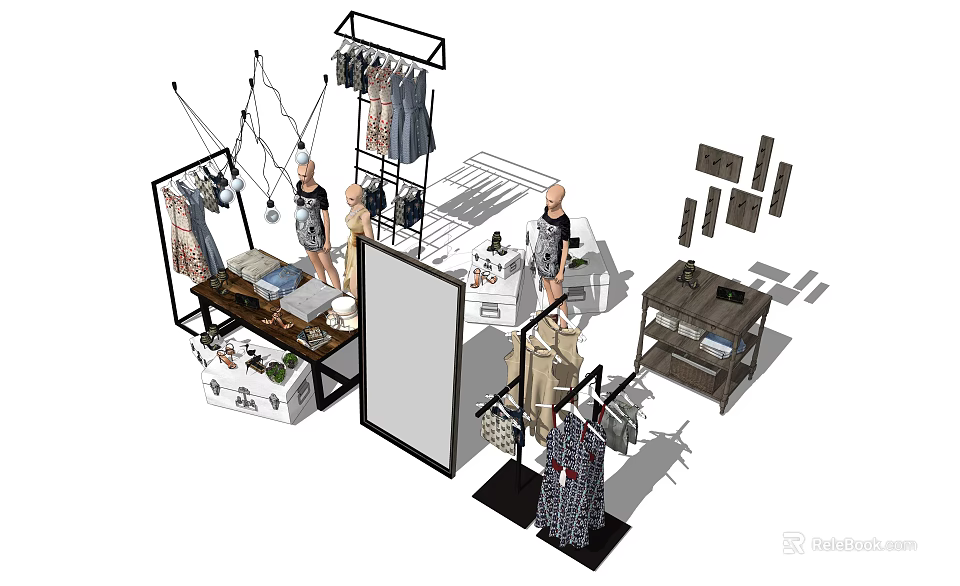 Clothing Racks Displaying Fashionable Clothing Items With Mannequins And Shelves In Retail Setup 3d model 