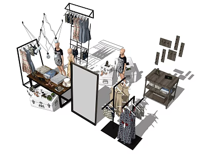 Clothing Racks Displaying Fashionable Clothing Items With Mannequins And Shelves In Retail Setup 3d model