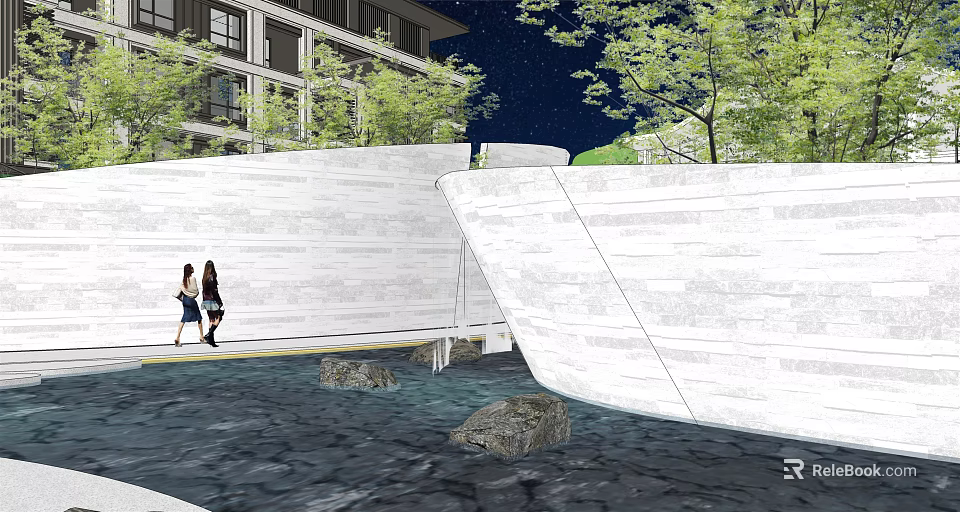 White Stone Landscape Wall With Water Pool And Trees In Evening Scene 3d model 