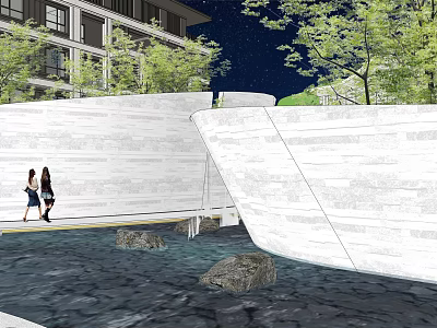 White Stone Landscape Wall With Water Pool And Trees In Evening Scene 3d model