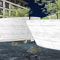 White Stone Landscape Wall With Water Pool And Trees In Evening Scene