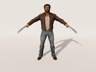 Game Movie Character Wearing Brown Jacket White Tank Top Blue Jeans Displaying Metal Claws Standing 3d model
