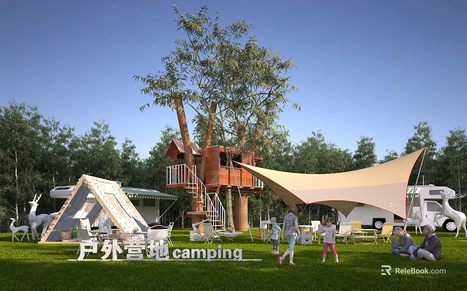 Outdoor Camping Site With Treehouse Tent Canopy Green Grass And People Enjoying Activities 3d model 