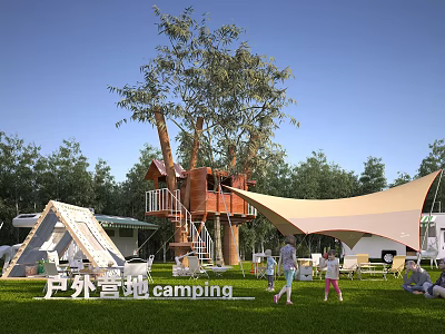 Outdoor Camping Site With Treehouse Tent Canopy Green Grass And People Enjoying Activities 3d model
