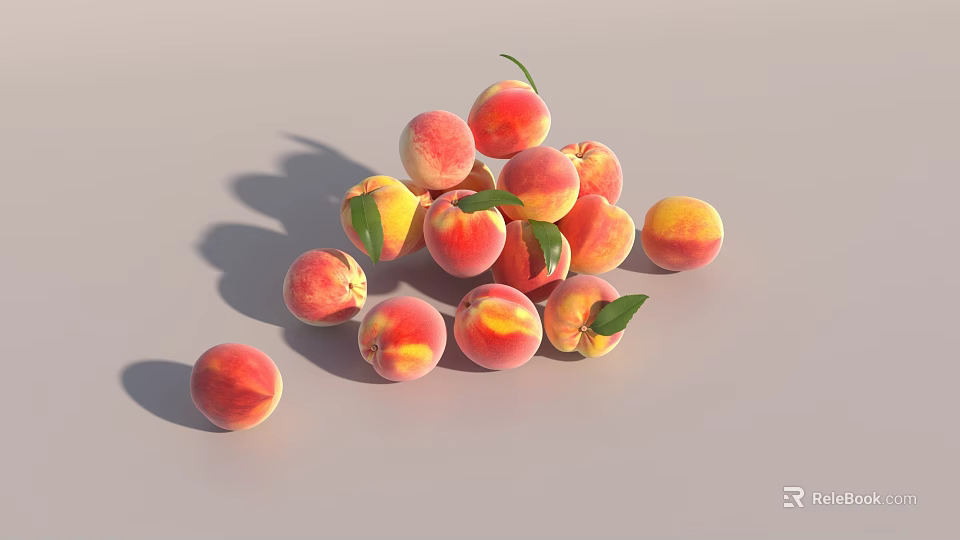 Fresh Ripe Peaches with Green Leaves Scattered on Light Gray Background 3d model 