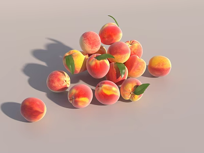 Fresh Ripe Peaches with Green Leaves Scattered on Light Gray Background 3d model