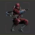 The Man in Red Ninja Costume in Fighting Stance Wielding Dual Swords with Rope Details