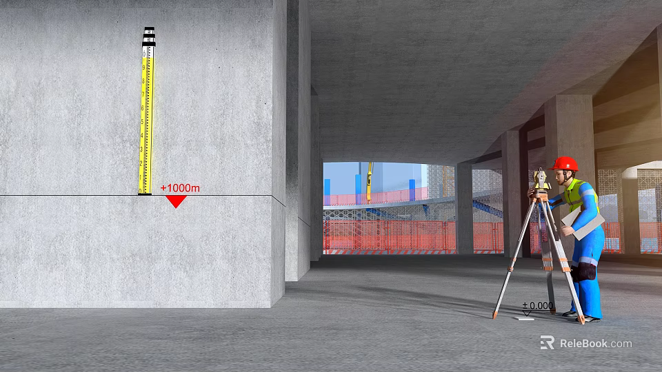 Man in Red Hard Hat Measuring with Survey Tool at Construction Site Near Concrete Column 3d model 