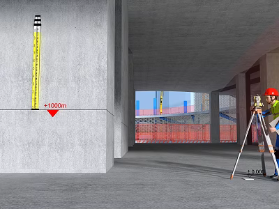 Man in Red Hard Hat Measuring with Survey Tool at Construction Site Near Concrete Column 3d model