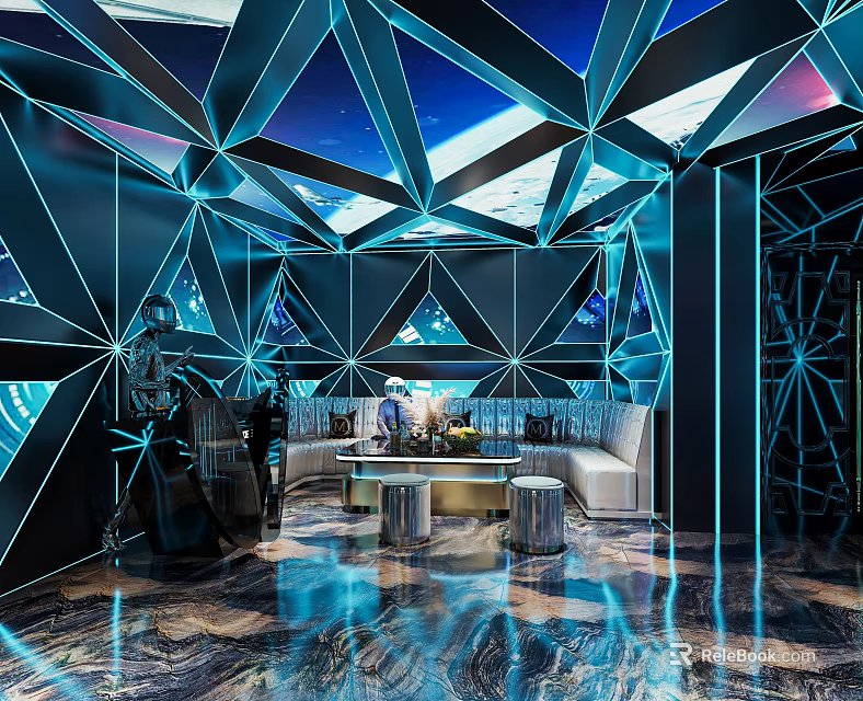 High Tech KTV Room With Geometric Ceiling And Marble Flooring 3d model 