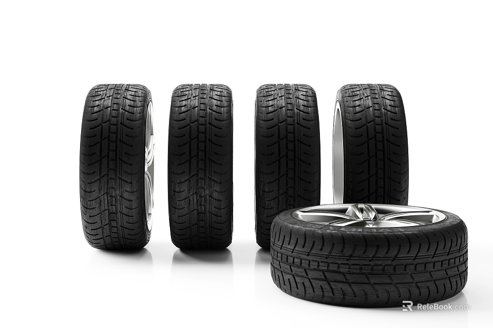 Multiple Car Tires Standing And Lying With Alloy Wheel Rims And Tread Patterns 3d model 