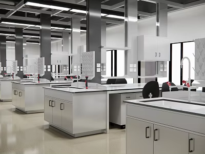 Modern Laboratory Interior With Spacious Design Stainless Steel Benches Faucets Fume Hoods And Ceiling Lights 3d model