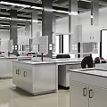 Modern Laboratory Interior With Spacious Design Stainless Steel Benches Faucets Fume Hoods And Ceiling Lights